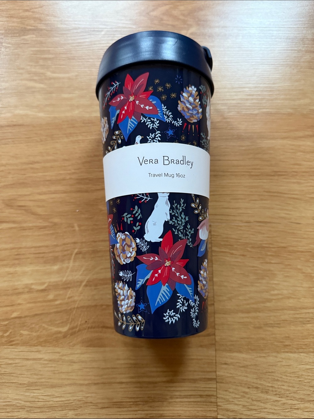 Vera Bradley Navy Travel Mug with Red & Blue Floral Motif